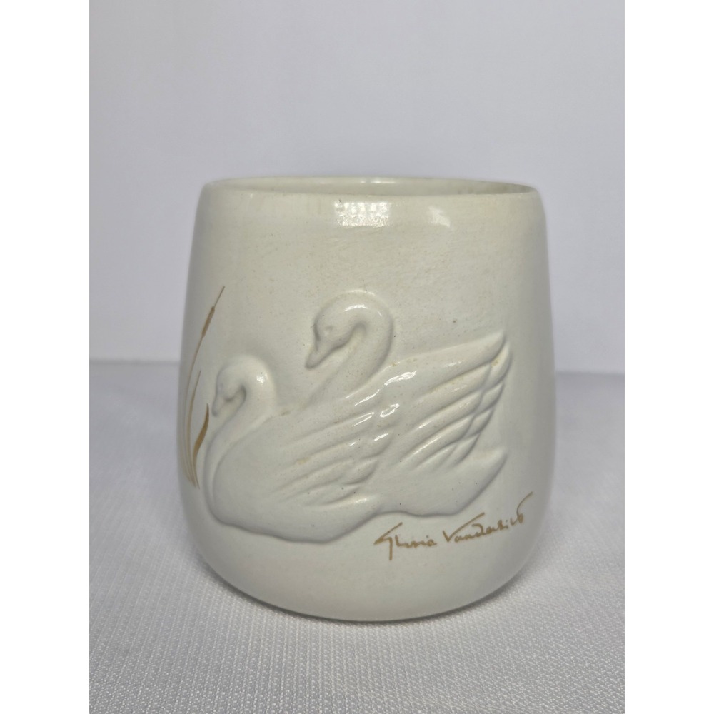 Gloria Vanderbilt White Swan Ceramic Vase Planter Cup 4" Tall